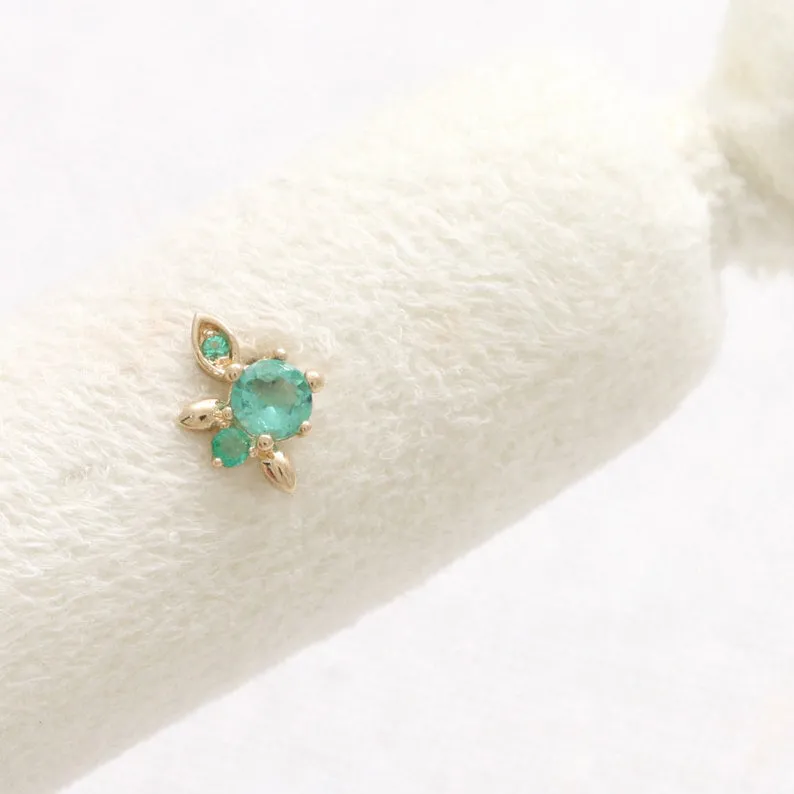 14K Real Gold Genuine Emerald Elf Leaf Helix Cartilage Tragus Inner Conch Internally Threaded Flat Back Earring Labret