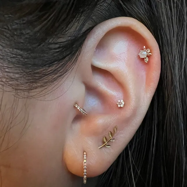 14K Real Gold Genuine Gray Diamond & Cognac Diamonds Elf Leaf Helix Cartilage Tragus Inner Conch Internally Threaded Flat Back E