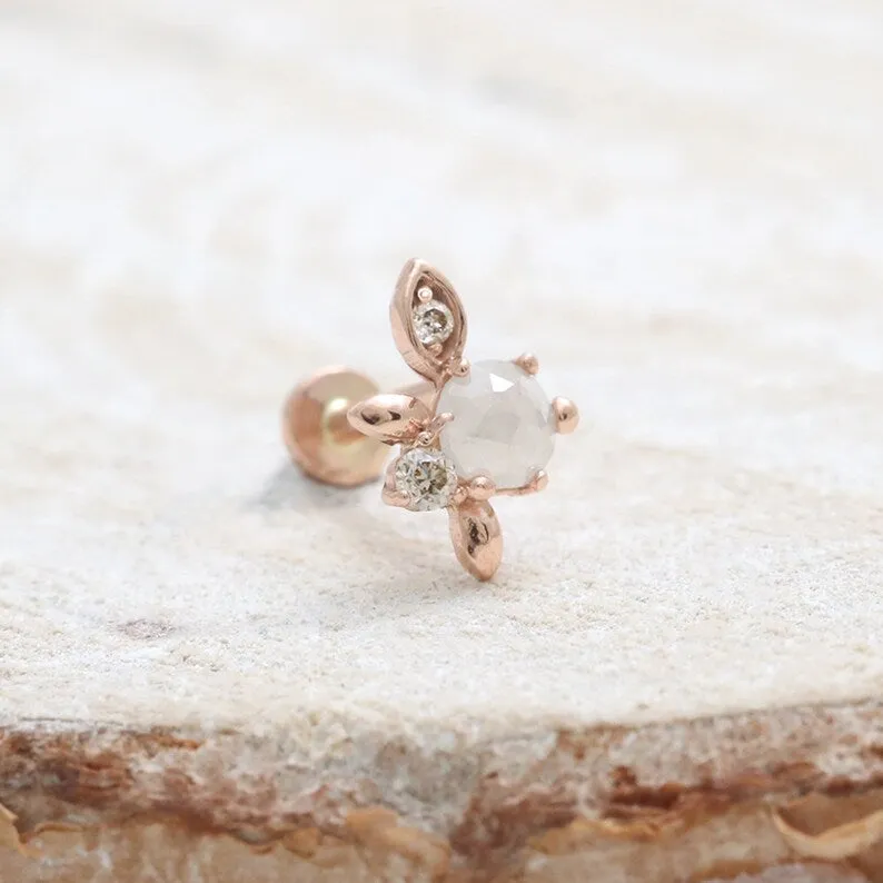 14K Real Gold Genuine Gray Diamond & Cognac Diamonds Elf Leaf Helix Cartilage Tragus Inner Conch Internally Threaded Flat Back E