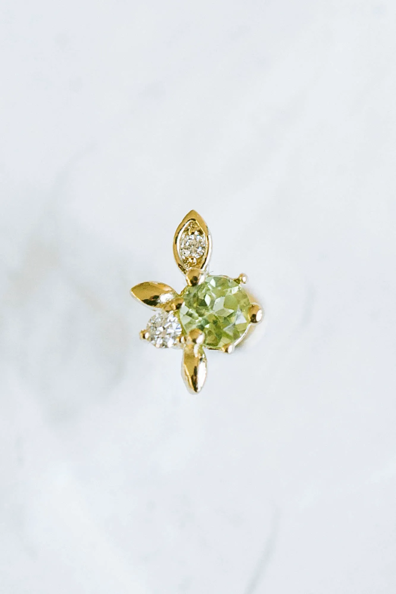 14K Real Gold Genuine Peridot Central & Tiny Diamonds Elf Leaf Helix Cartilage Tragus Inner Conch Internally Threaded Flat Back 