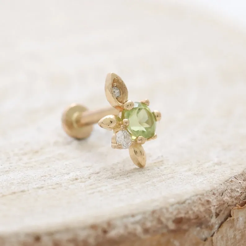 14K Real Gold Genuine Peridot Central & Tiny Diamonds Elf Leaf Helix Cartilage Tragus Inner Conch Internally Threaded Flat Back 