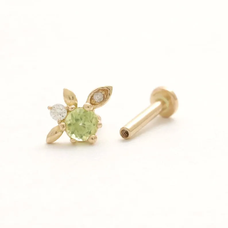 14K Real Gold Genuine Peridot Central & Tiny Diamonds Elf Leaf Helix Cartilage Tragus Inner Conch Internally Threaded Flat Back 