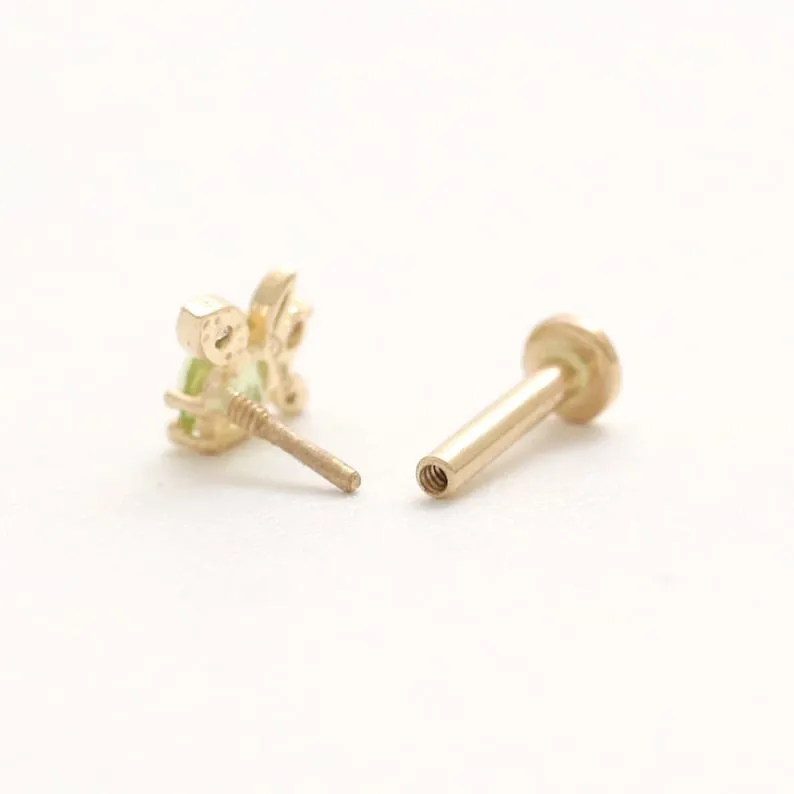 14K Real Gold Genuine Peridot Central & Tiny Diamonds Elf Leaf Helix Cartilage Tragus Inner Conch Internally Threaded Flat Back 