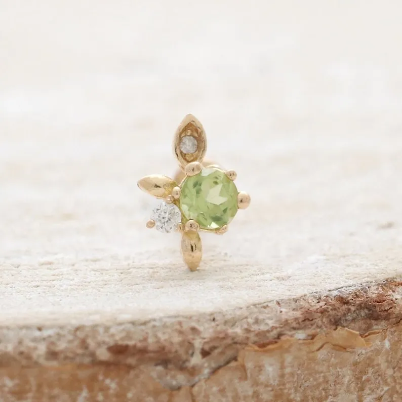 14K Real Gold Genuine Peridot Central & Tiny Diamonds Elf Leaf Helix Cartilage Tragus Inner Conch Internally Threaded Flat Back 