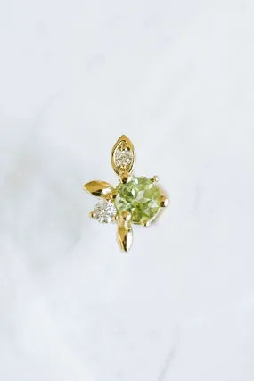 14K Real Gold Genuine Peridot Central & Tiny Diamonds Elf Leaf Helix Cartilage Tragus Inner Conch Internally Threaded Flat Back 