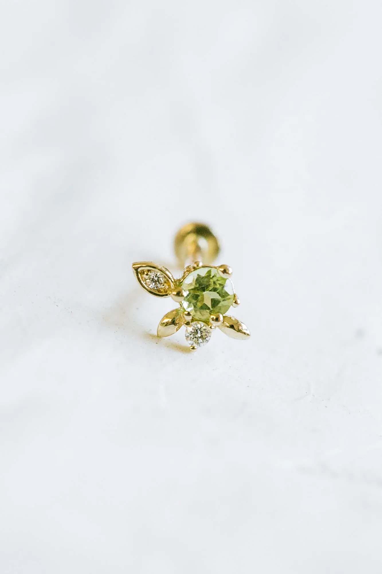 14K Real Gold Genuine Peridot Central & Tiny Diamonds Elf Leaf Helix Cartilage Tragus Inner Conch Internally Threaded Flat Back 