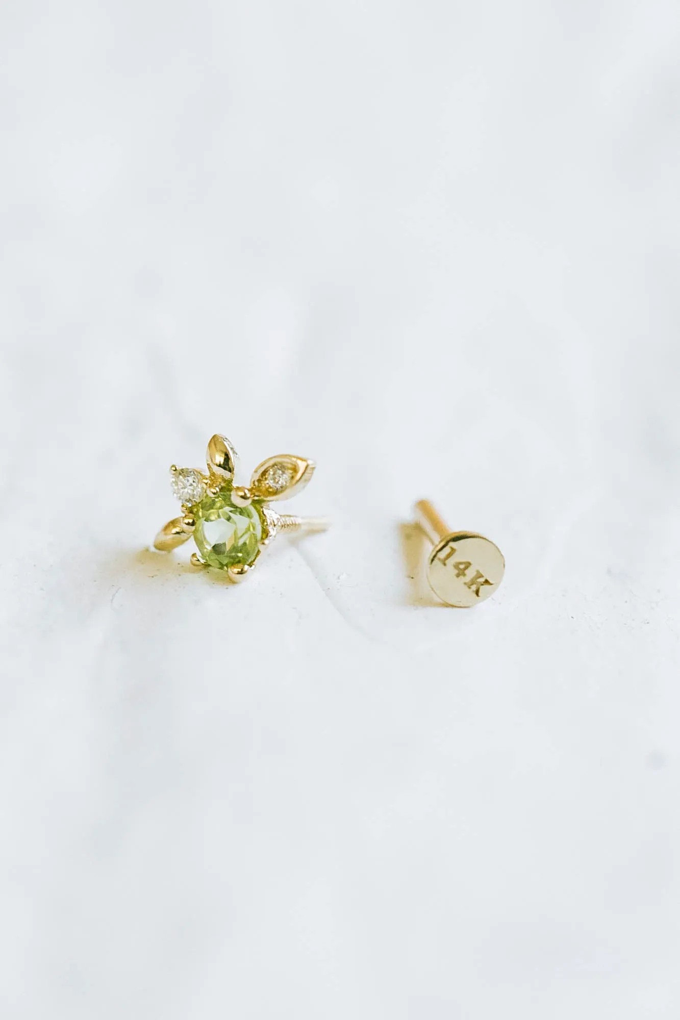 14K Real Gold Genuine Peridot Central & Tiny Diamonds Elf Leaf Helix Cartilage Tragus Inner Conch Internally Threaded Flat Back 