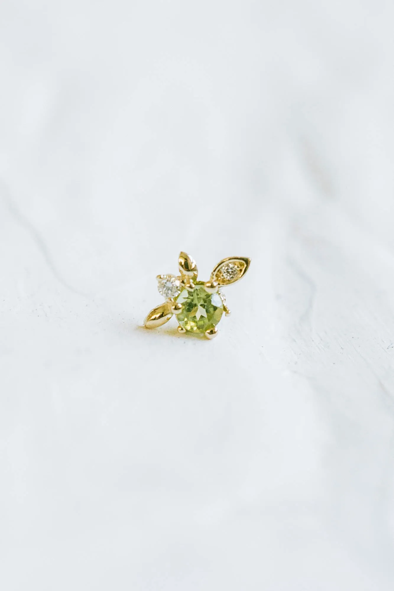 14K Real Gold Genuine Peridot Central & Tiny Diamonds Elf Leaf Helix Cartilage Tragus Inner Conch Internally Threaded Flat Back 