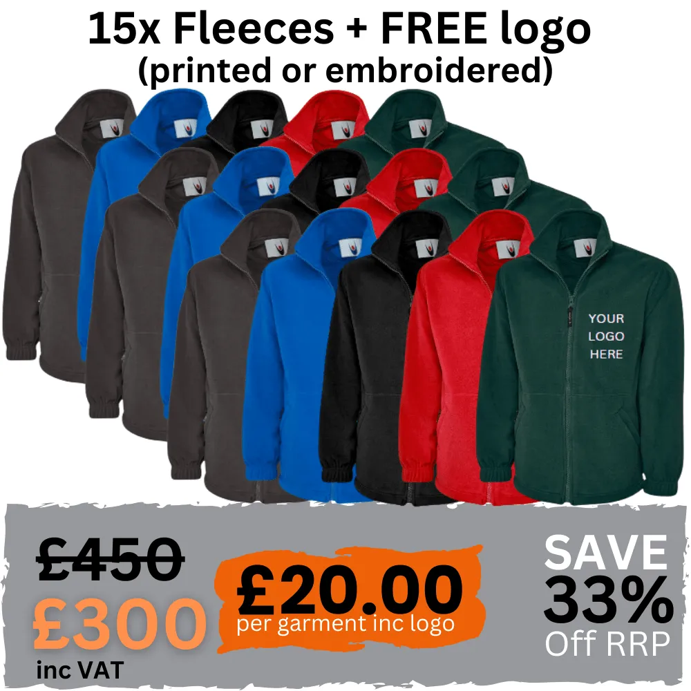 15 Pack of Embroidered Fleeces with Company Logo - Workwear Customize Printed Embroidery