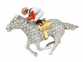 1897 E. Wolfe & Co. Enamel Pave Diamond 18 Karat White Gold Horse & Jockey Brooch