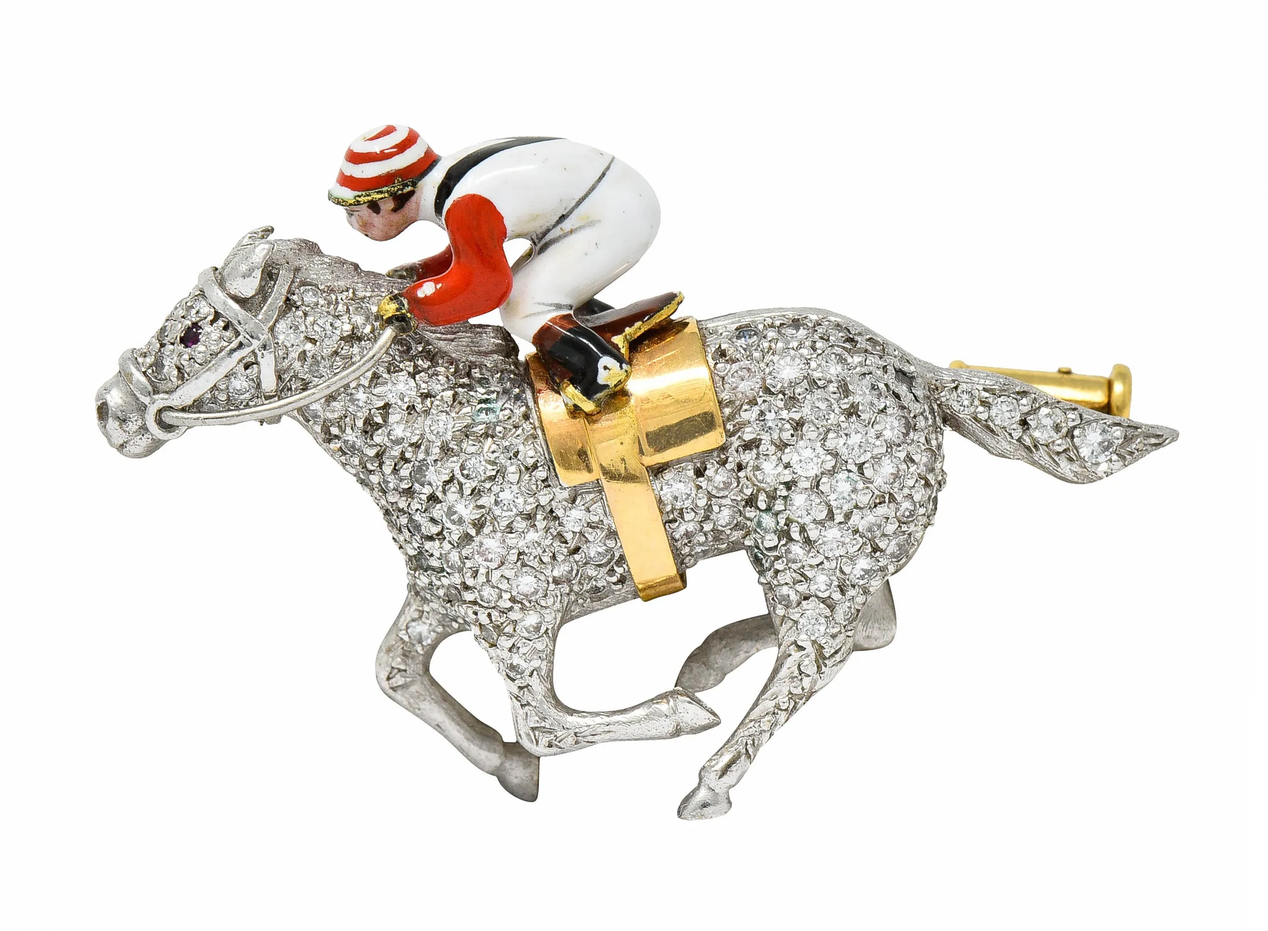 1897 E. Wolfe & Co. Enamel Pave Diamond 18 Karat White Gold Horse & Jockey Brooch