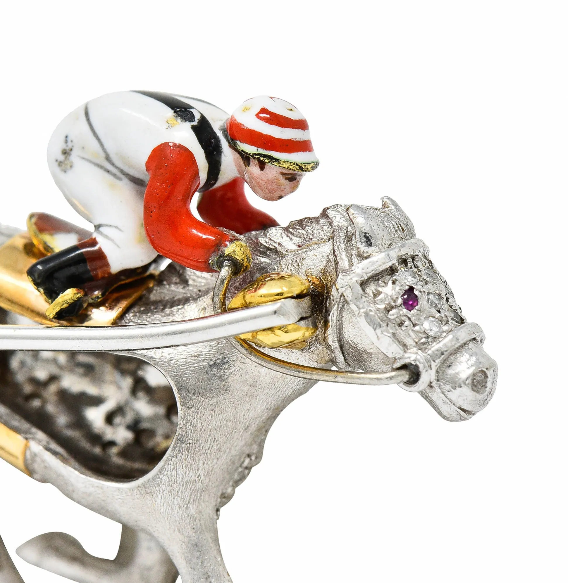 1897 E. Wolfe & Co. Enamel Pave Diamond 18 Karat White Gold Horse & Jockey Brooch