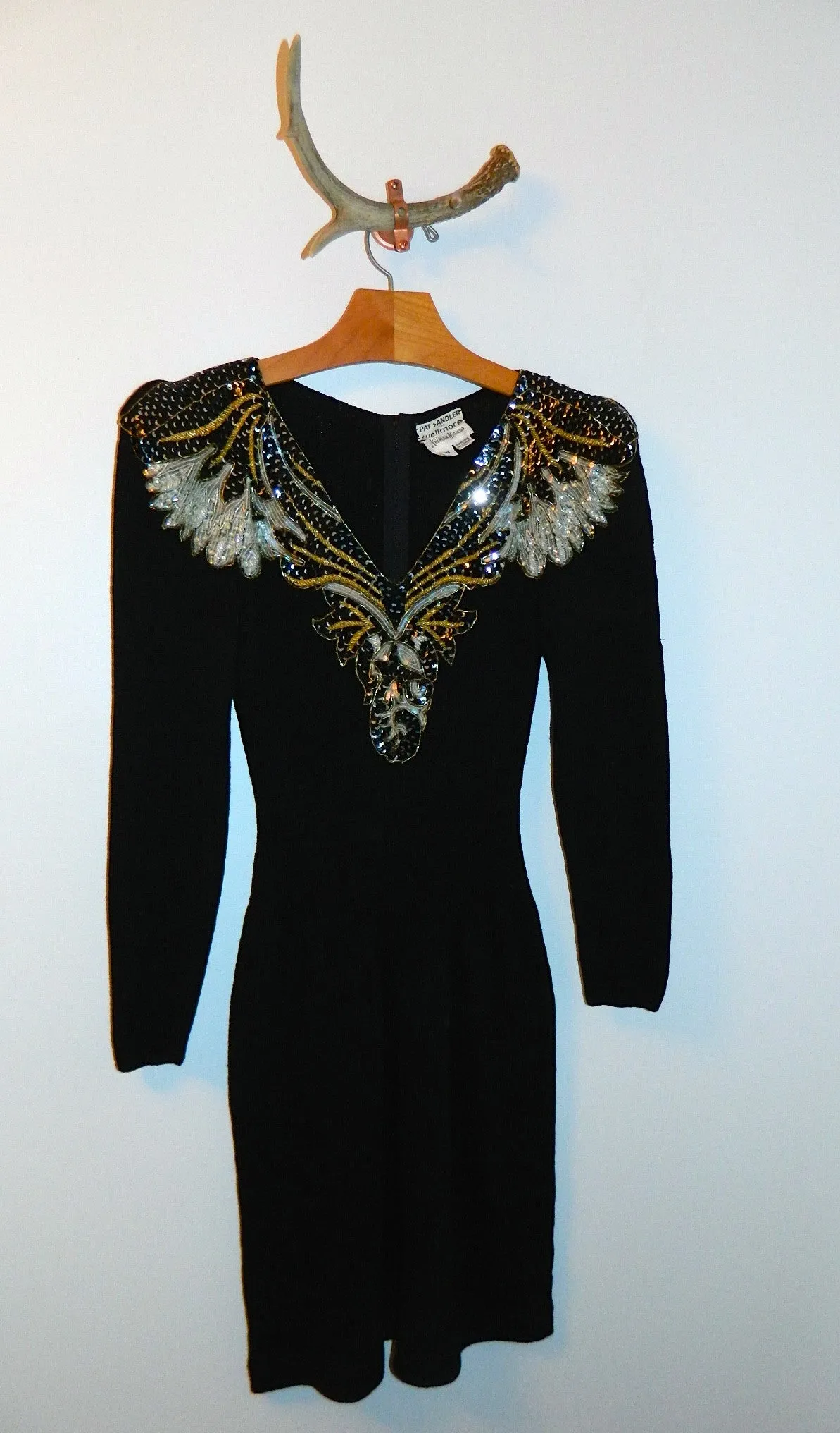 1980s GLAM black dress vintage Pat Sandler Wellmore sequin front knit dress