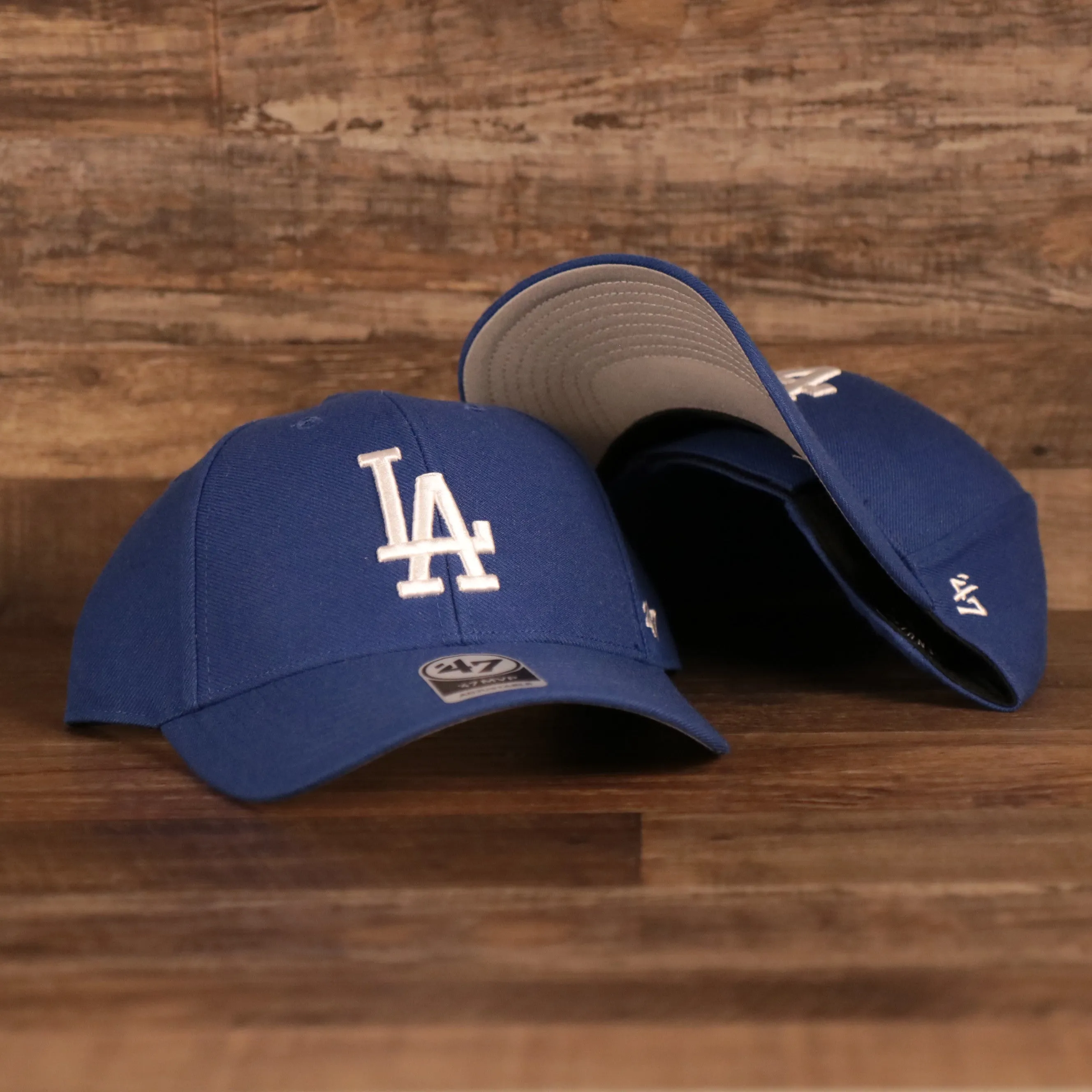 47 Brand Los Angeles Dodgers MVP Grey Underbrim Dodgers Script Velcro Strap Dad Hat Royal OSFM