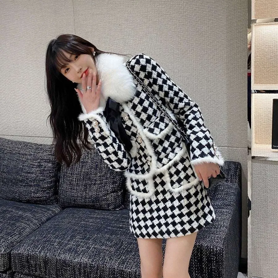 Acacia Classic Houndstooth Fur Collar White Black Jacket Skirt Two Piece Set can be rewritten as Acacia Vintage Houndstooth Faux