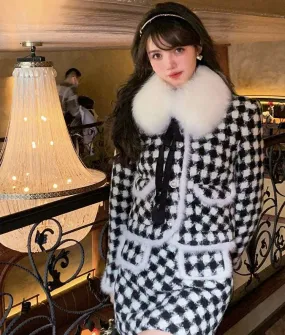 Acacia Classic Houndstooth Fur Collar White Black Jacket Skirt Two Piece Set can be rewritten as Acacia Vintage Houndstooth Faux