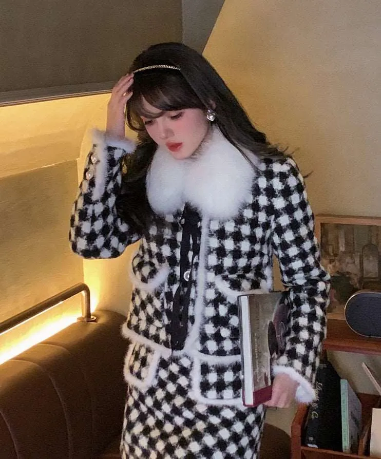 Acacia Classic Houndstooth Fur Collar White Black Jacket Skirt Two Piece Set can be rewritten as Acacia Vintage Houndstooth Faux