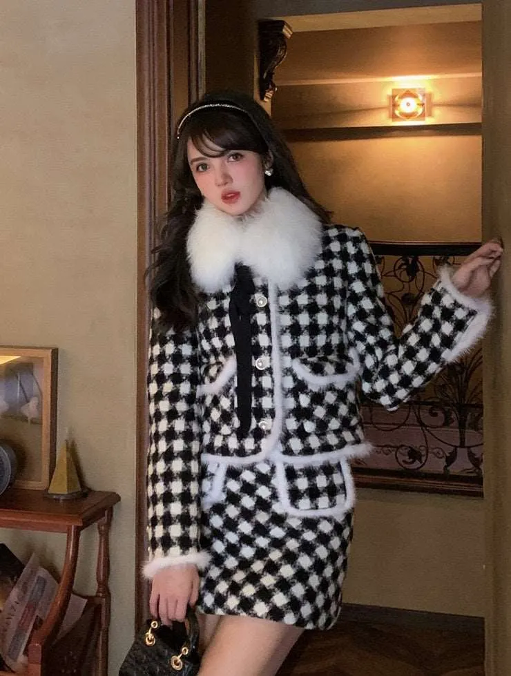 Acacia Classic Houndstooth Fur Collar White Black Jacket Skirt Two Piece Set can be rewritten as Acacia Vintage Houndstooth Faux