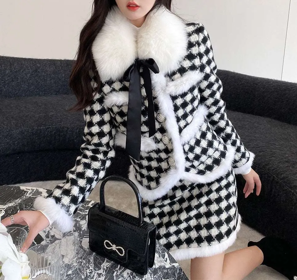 Acacia Classic Houndstooth Fur Collar White Black Jacket Skirt Two Piece Set can be rewritten as Acacia Vintage Houndstooth Faux