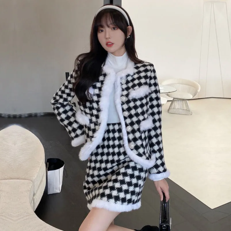 Acacia Classic Houndstooth Fur Collar White Black Jacket Skirt Two Piece Set can be rewritten as Acacia Vintage Houndstooth Faux