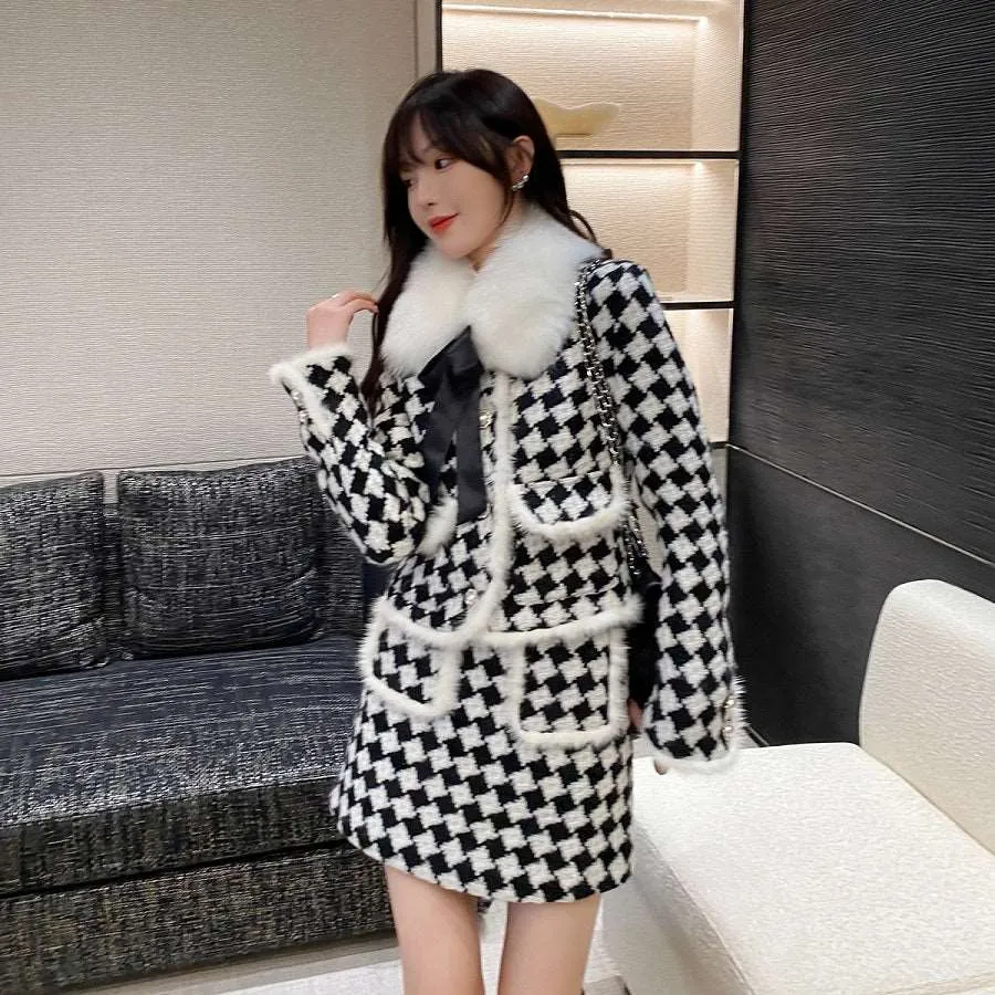 Acacia Classic Houndstooth Fur Collar White Black Jacket Skirt Two Piece Set can be rewritten as Acacia Vintage Houndstooth Faux