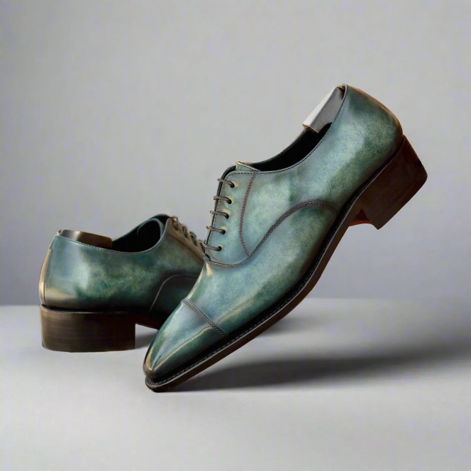 Ambrogio Luxury Men's Shoes Turquoise Patina Leather Cap-Toe Oxfords (AMB2538)