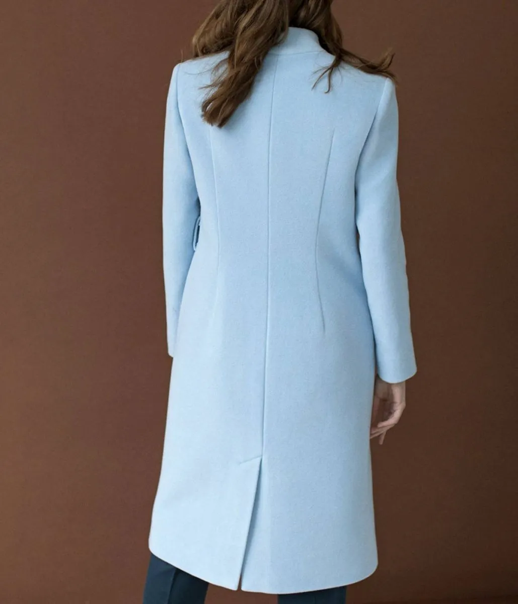 Double Breasted Wool Coat in Baby Blue for Autumn