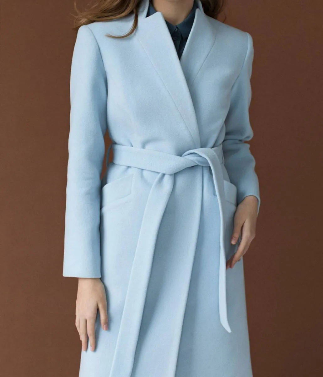 Double Breasted Wool Coat in Baby Blue for Autumn