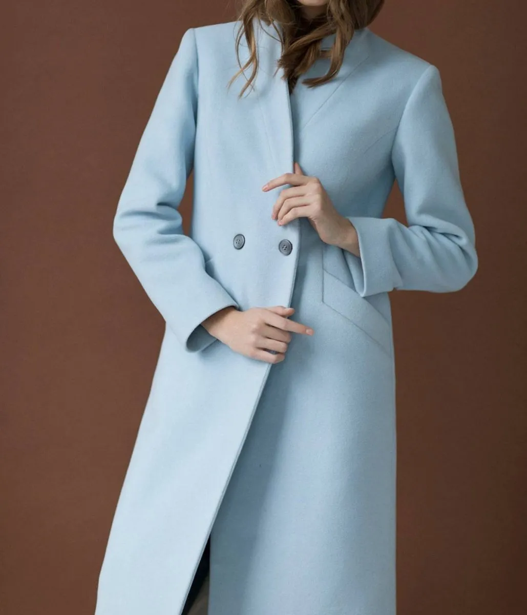 Double Breasted Wool Coat in Baby Blue for Autumn