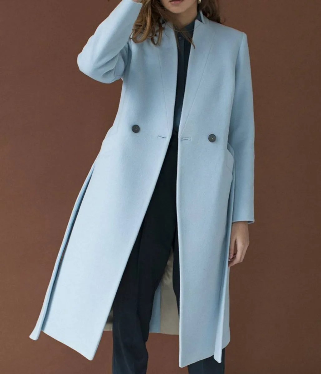 Double Breasted Wool Coat in Baby Blue for Autumn