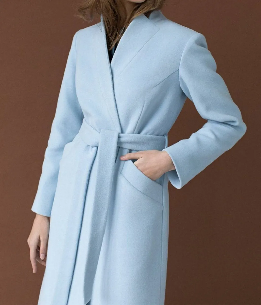 Double Breasted Wool Coat in Baby Blue for Autumn