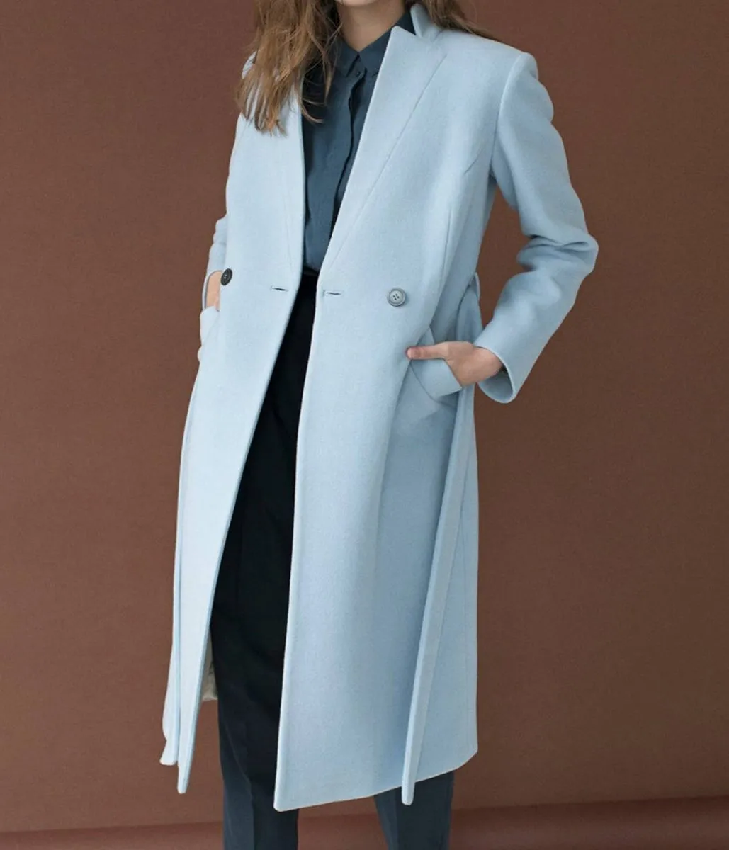 Double Breasted Wool Coat in Baby Blue for Autumn