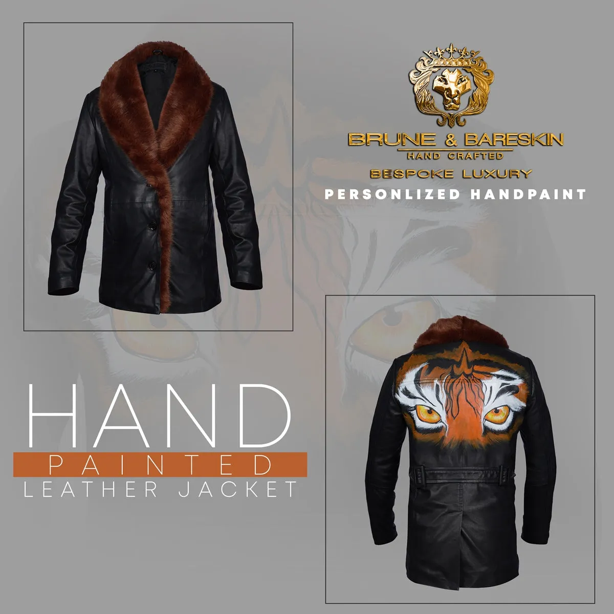 Backside Hand Painted Tiger Eyes With Super Soft Classic Fur Collar Black Leather Coat For Men By Brun & Bareskin