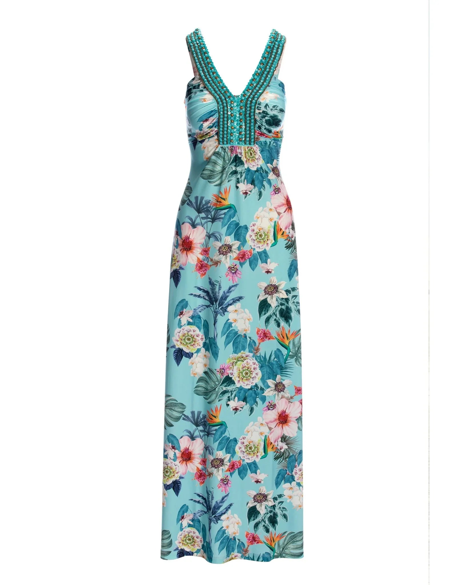 Aqua Knit Maxi Dress with Barcelona Floral Print Embellishments