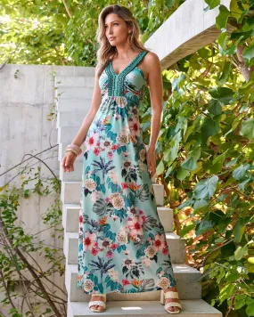 Aqua Knit Maxi Dress with Barcelona Floral Print Embellishments