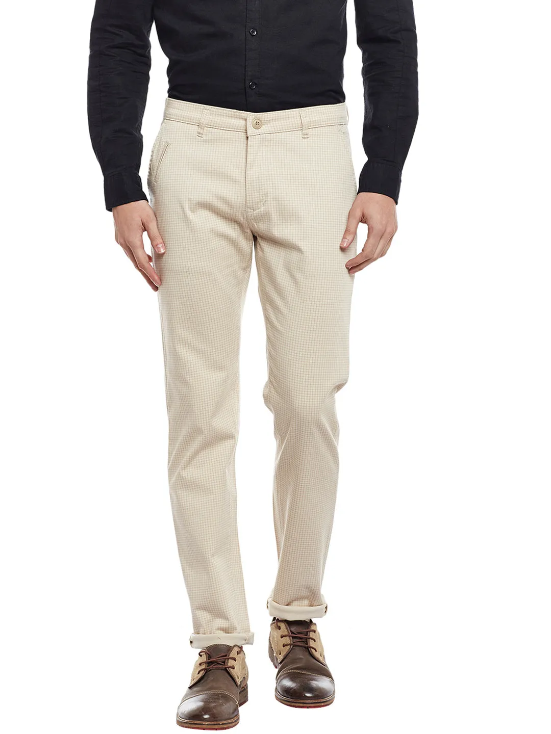 Beige Checked Cotton Stretch Slim Fit Casual Chinos for Men.