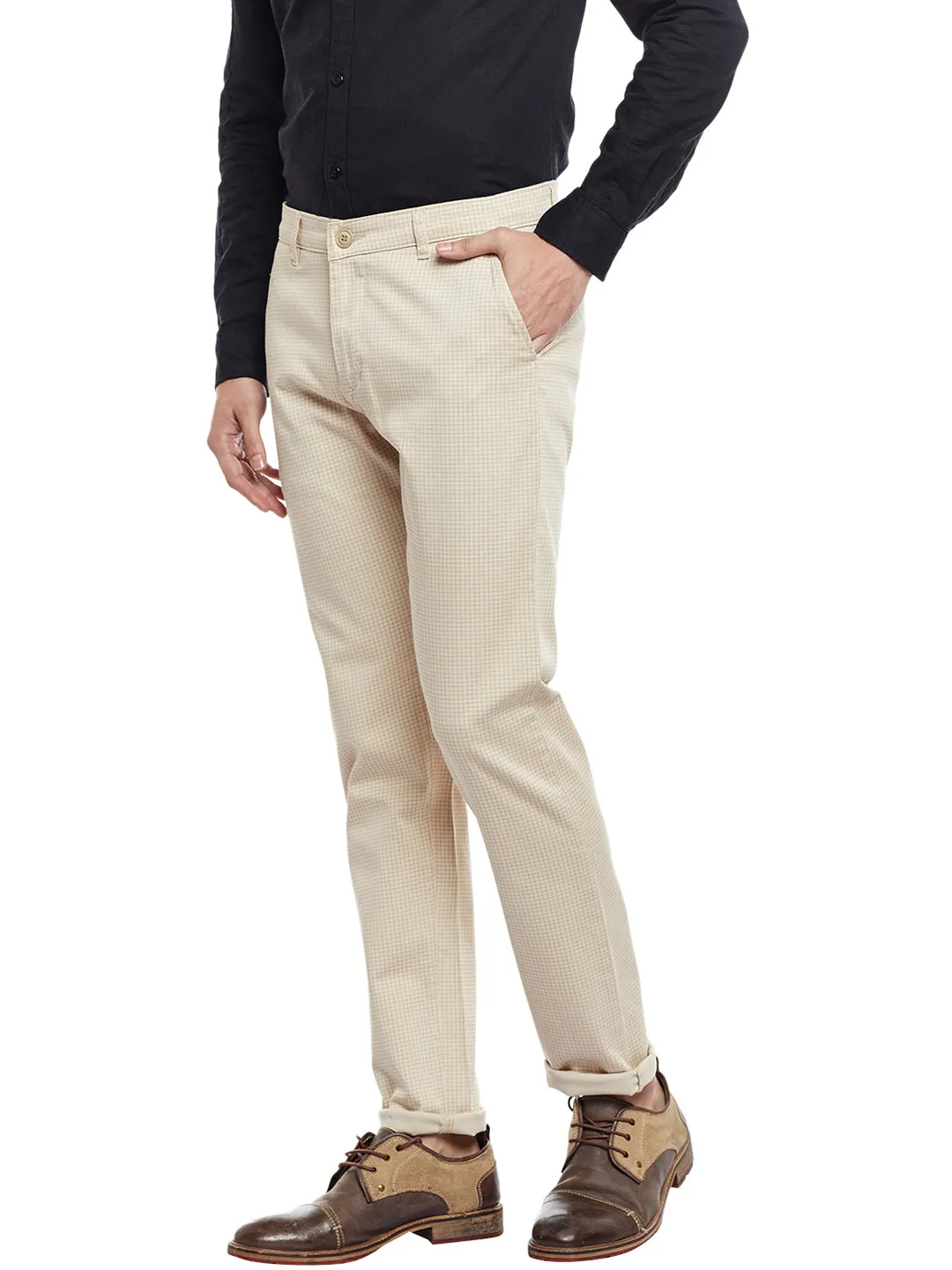 Beige Checked Cotton Stretch Slim Fit Casual Chinos for Men.