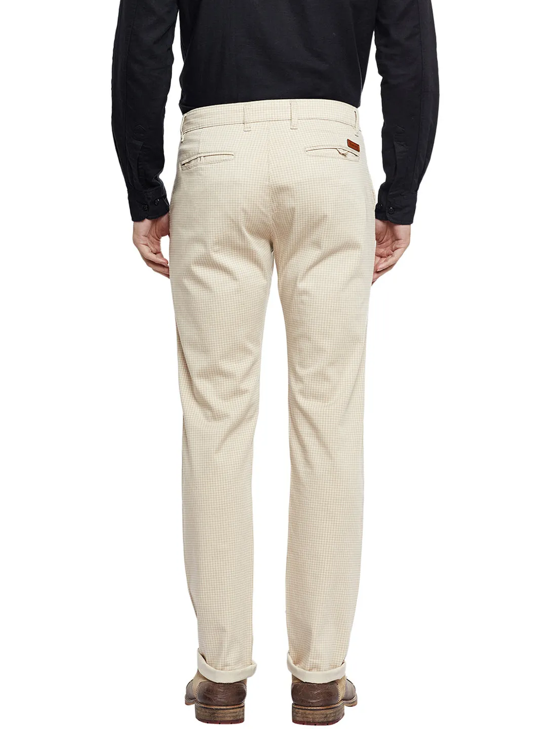 Beige Checked Cotton Stretch Slim Fit Casual Chinos for Men.