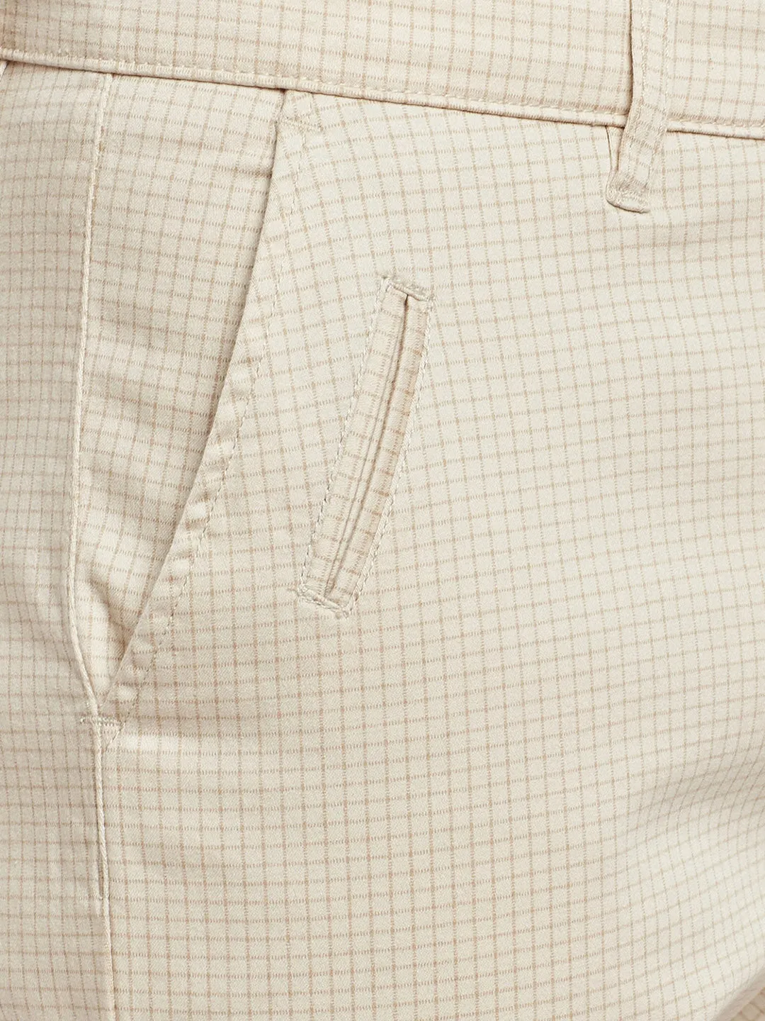 Beige Checked Cotton Stretch Slim Fit Casual Chinos for Men.