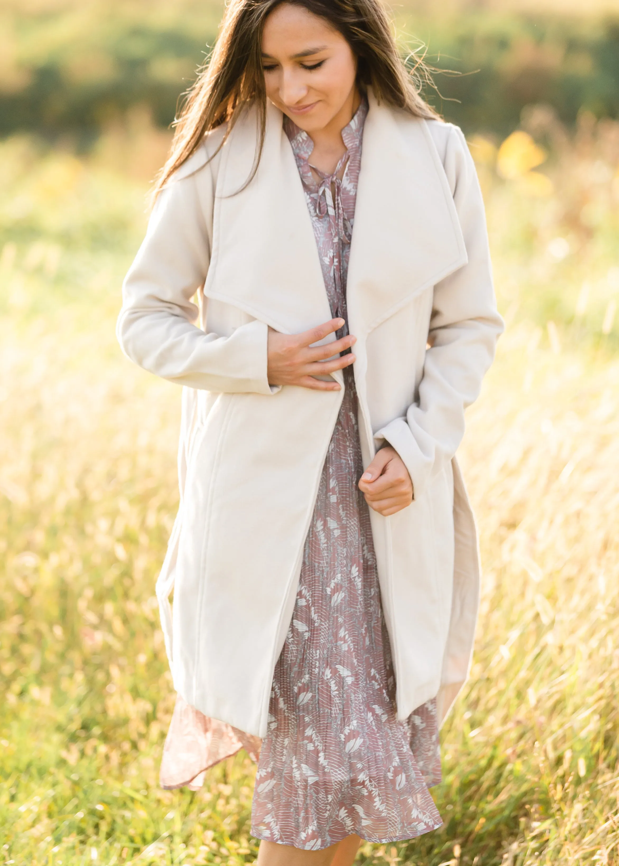 Final sale beige collared belted fleece coat