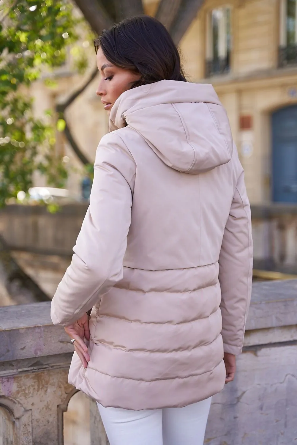 Beige Tiered Hooded Puffer Jacket