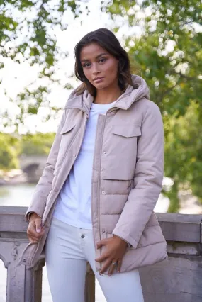 Beige Tiered Hooded Puffer Jacket