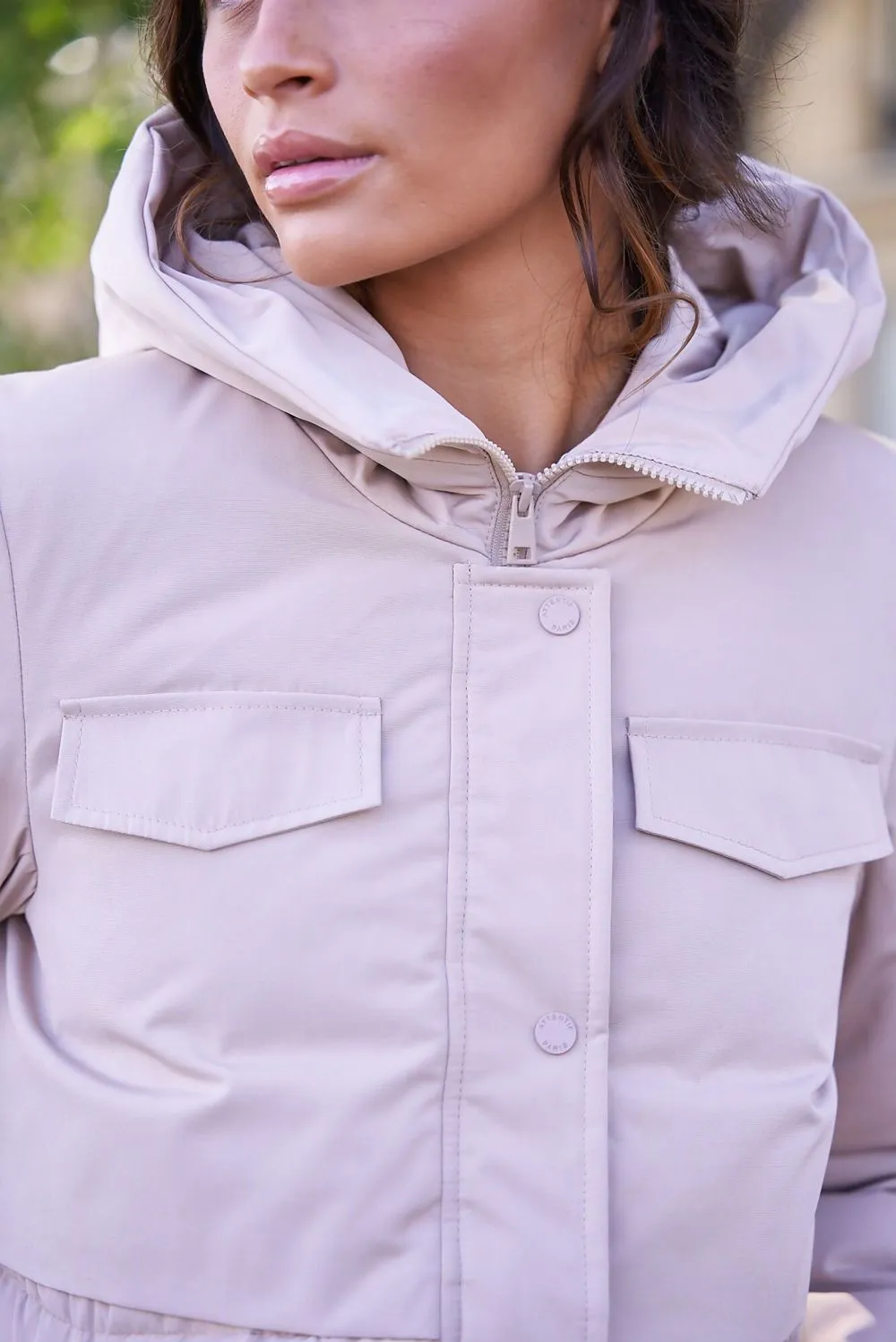 Beige Tiered Hooded Puffer Jacket