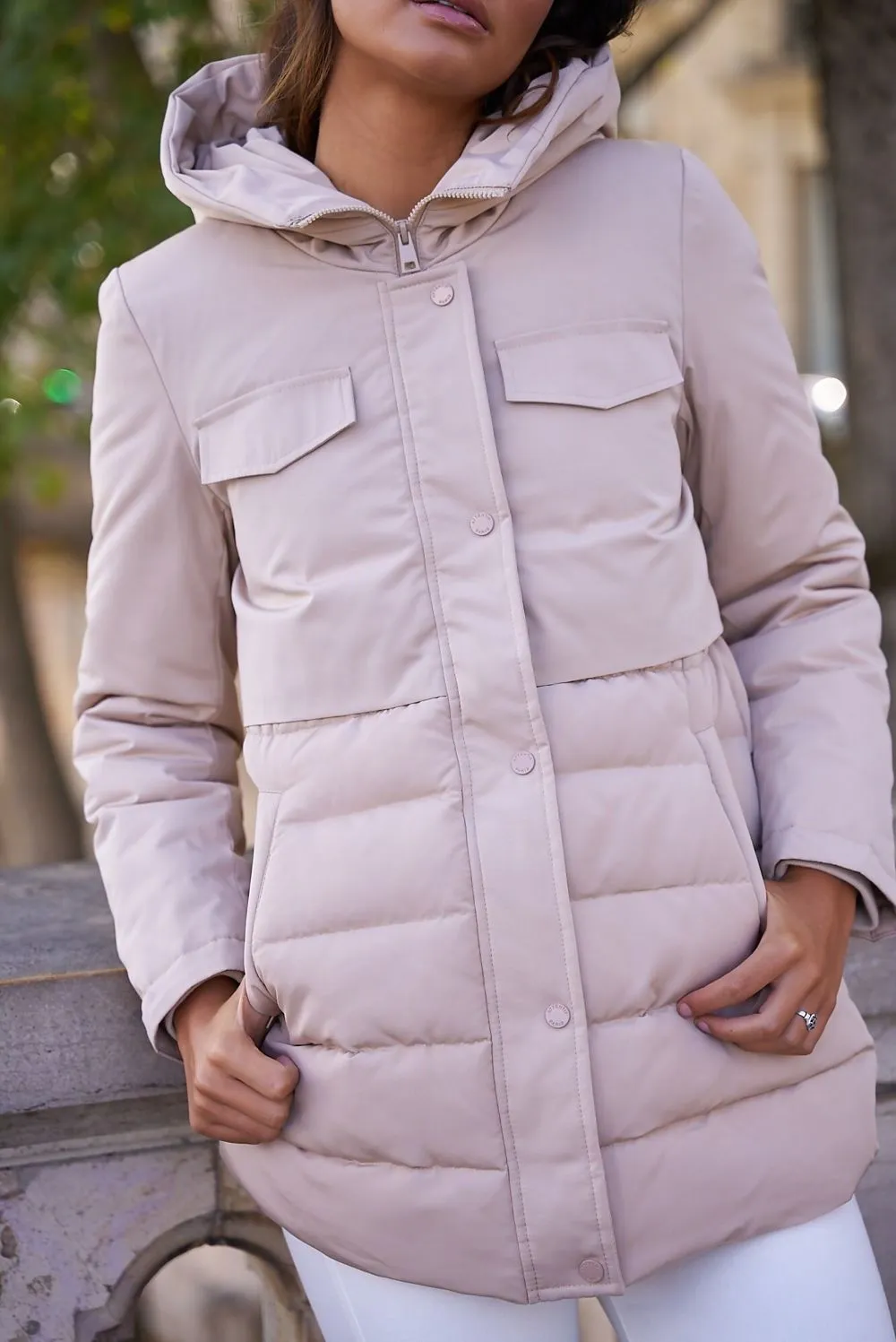 Beige Tiered Hooded Puffer Jacket