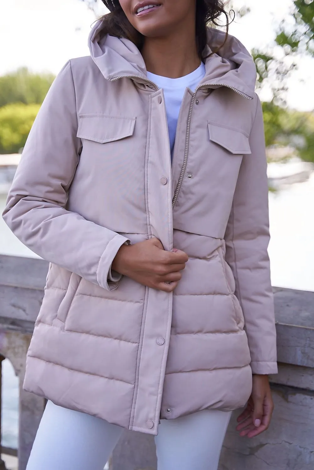 Beige Tiered Hooded Puffer Jacket