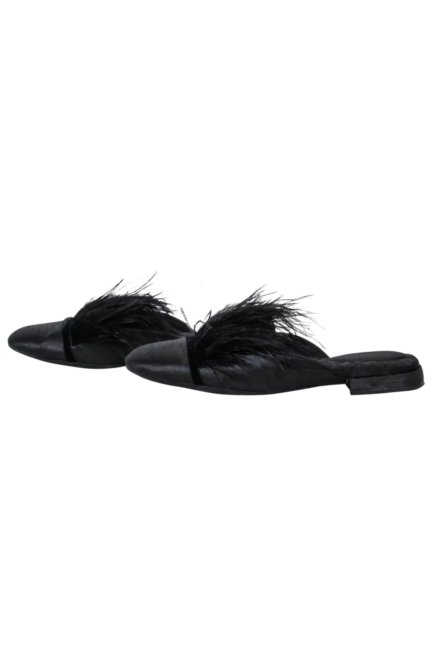 Birdie - Black Flat Mule Shoes w/ Feather Trim Sz 6