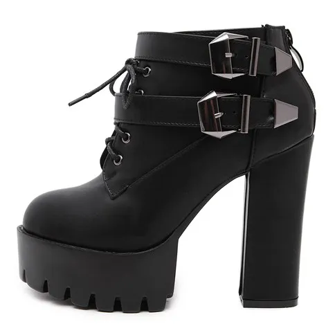 Black Buckles Ankle Platform Cleated Heels Boots