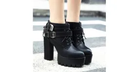 Black Buckles Ankle Platform Cleated Heels Boots