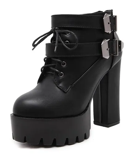 Black Buckles Ankle Platform Cleated Heels Boots