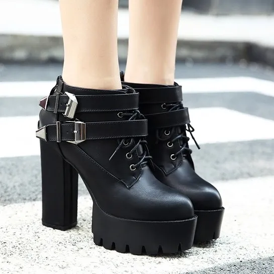 Black Buckles Ankle Platform Cleated Heels Boots